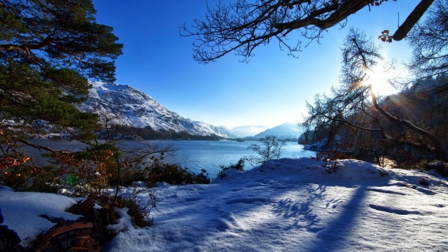 winter, mountain, snow, trees, road, sun, sky, blue