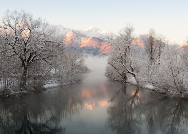 природа, зима, горы, река, туман, красиво
