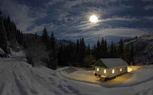 snow, the house, the full moon, the moon, clouds, light, holiday, romance, winter