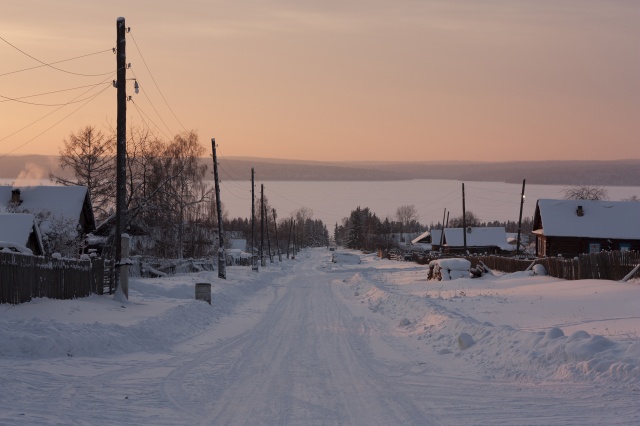 Siberia, winter, the village, sunset