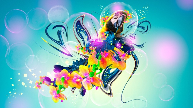 Тони Кохан, Попугай, цветы, Фэнтези, Multicolors, Неон, Пластик, летать, птица
