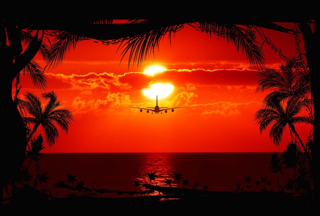 the sky, clouds, sunset, the sun, the plane, Liner, sea