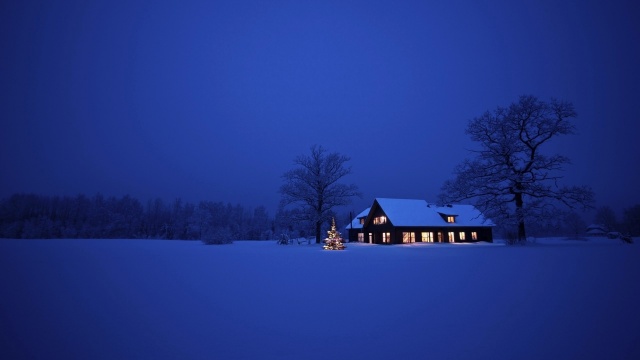winter, nature, sneg, the lake, house and comfort, beautiful, New year, evening