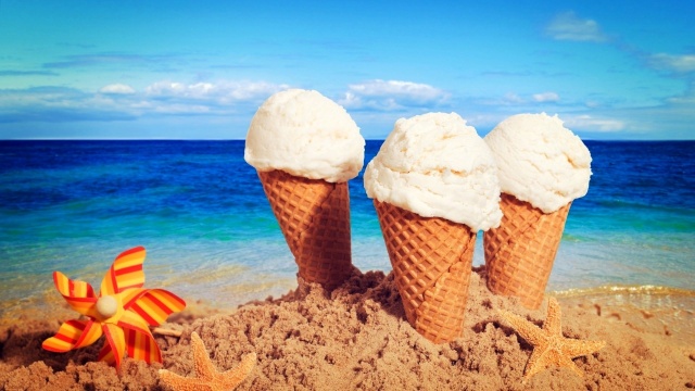 léto, pláž, zmrzlina, idyla