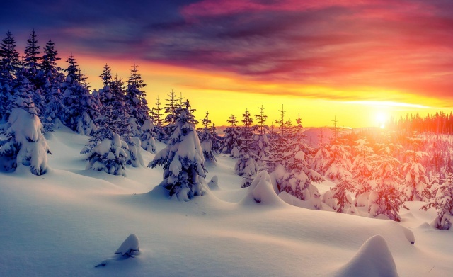 příroda, zima, les, sníh, hory, krásně, západ slunce