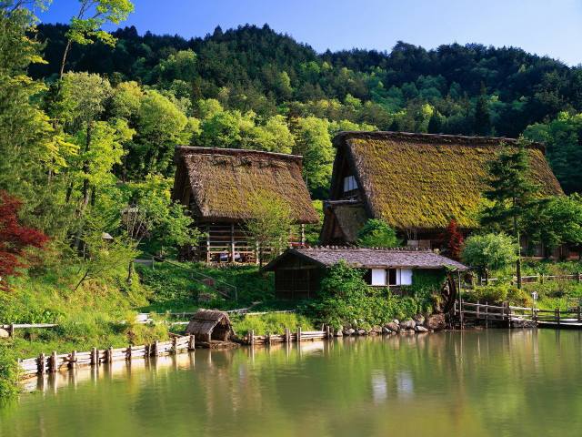 japan, houses, the house, gazebo, farm, forest, Japan, trees, water