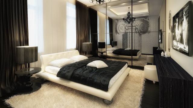 спальная комната, дизайн интерьера, черно-белый, зеркало