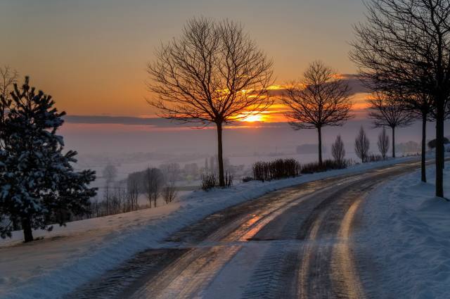 morning, dawn, road, snow