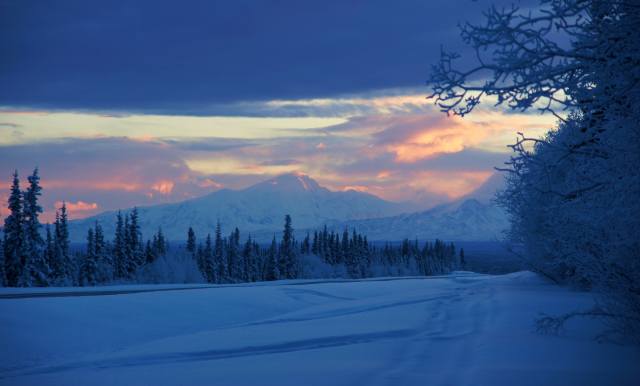 sníh, Aljaška, ráno, Východ slunce, zima, hory