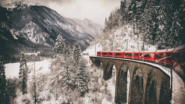 zima, sníh, hory, železnice, vlak, most
