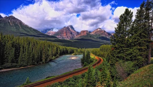 mountains, forest, river, railway