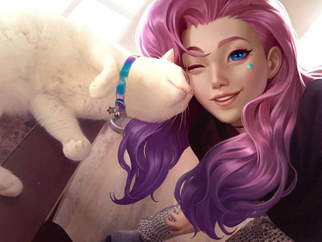 Kudos Productions, Seraphine (League of Legends), league of legends, KDA Seraphine, women, purple hair, blue eyes, Cat, KDA