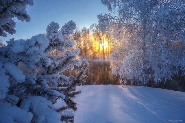 nature, landscape, winter, frost, snow, trees, sunset, the sun, river
