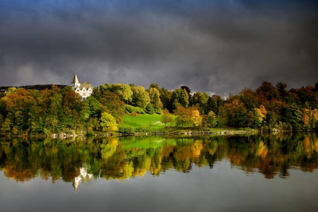 Norsko, bergen, podzim, les, gamlehaugen, záliv, příroda