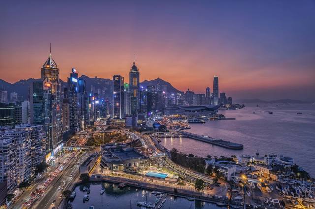 město, světla, Hong kong, Čína