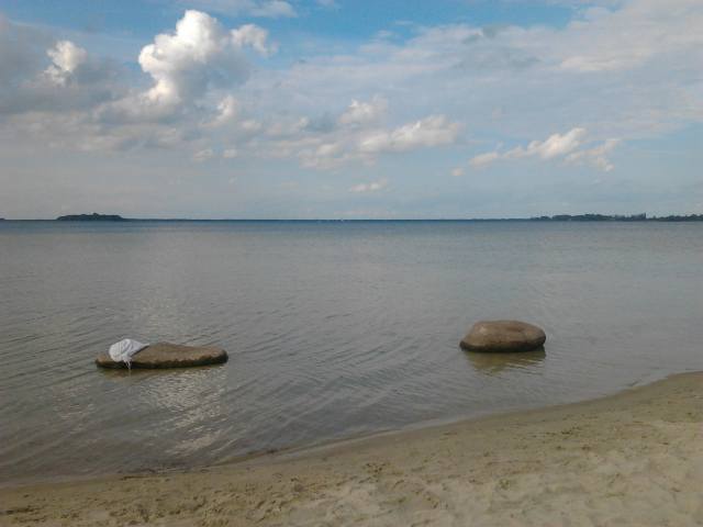 stones, the lake, surface, clouds