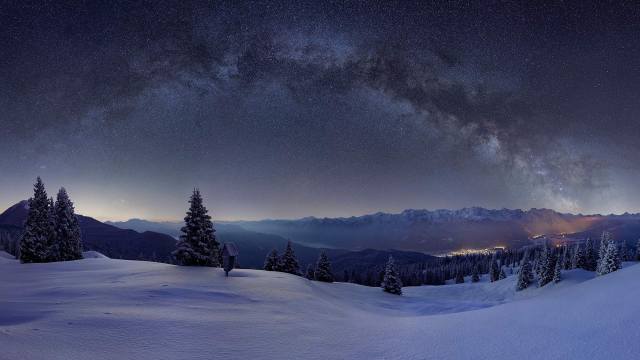 mountains, snow, the sky, stars
