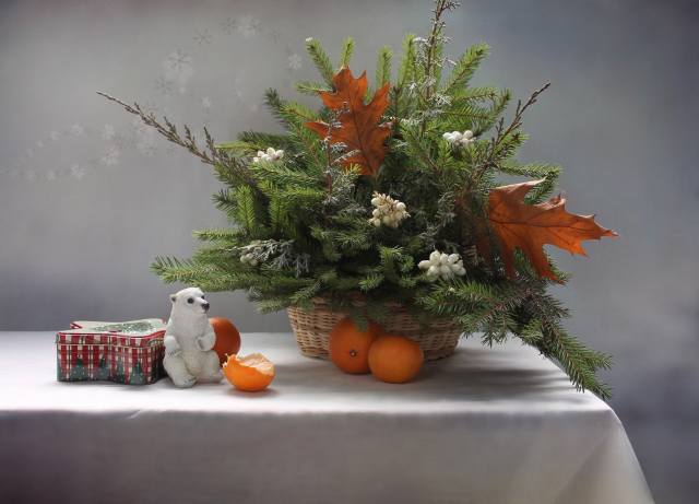svátek, Nový rok, Vánoce, stůl, košík, větvičky, smrk, vánoční strom, listy