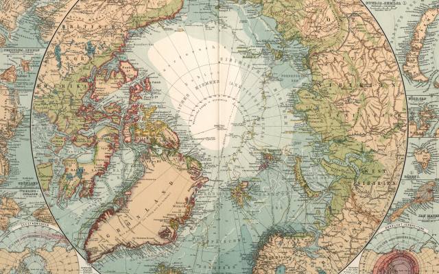 colored antique map, 1911, north pole, Arctic Ocean