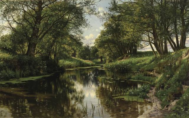 Peder Mork Monsted, Danish, 1905, River Landscape, summer