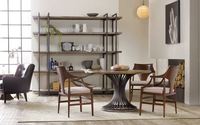 round wood dining table, стільці, living room interior in modern style