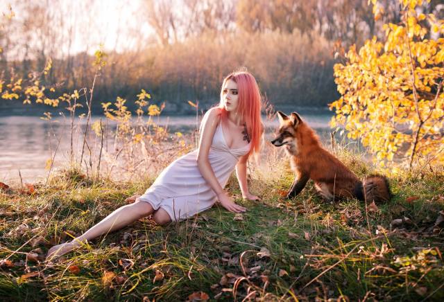 girl, Fox, nature, autumn, water