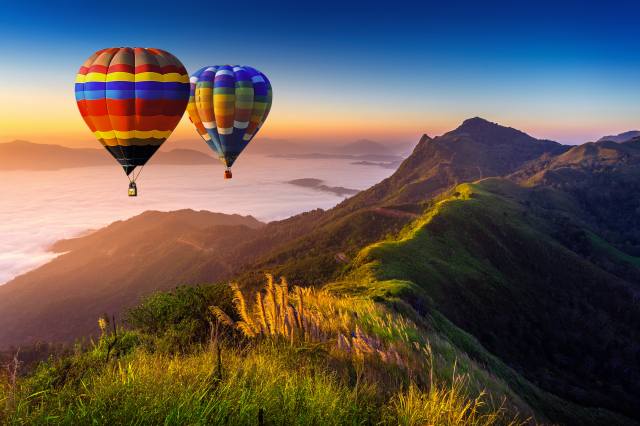 balloons, nature, mountains, landscape, flight, the sky, sea