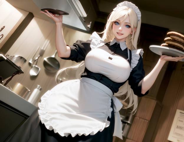 Stable Diffusion, AI art, blonde, women, maid outfit, maid, dress, kitchen, realistic