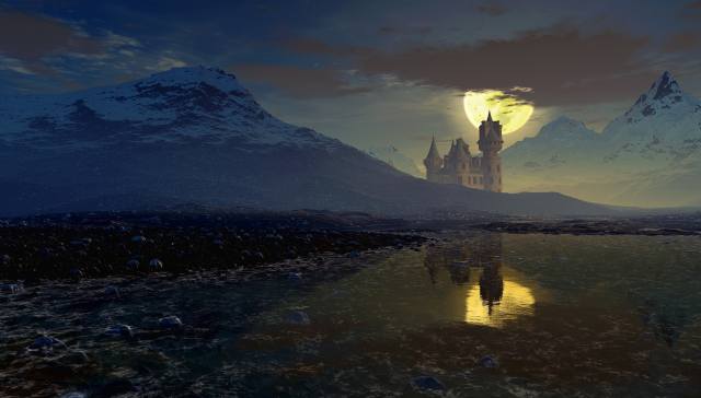 water, mountains, the moon, reflection, castle