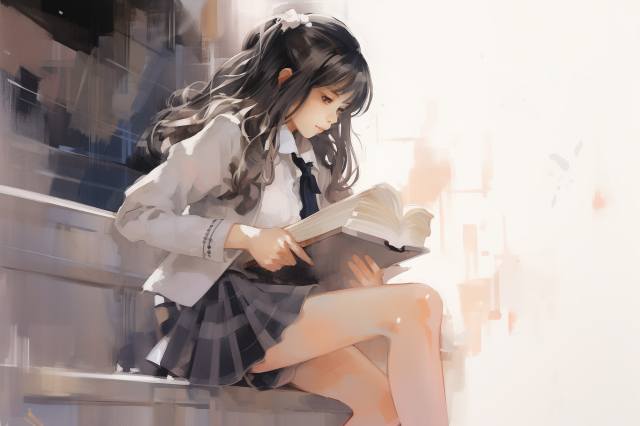 girl, AI art, brunette, schoolgirl, school uniform, Books, digital art