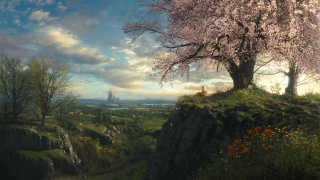příroda, jaro, obraz, fantasy, krásně, strom, dívka, hrad, pohádka