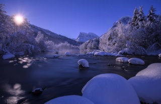 Norway, Norway, river, mountains, forest, winter, snow, the sun, beautiful