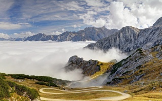 alps, road, clouds, grass, sky