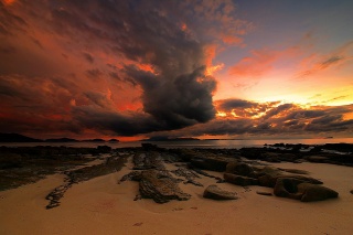 the beach, sand, stones, the ocean, the sky, clouds, sunset