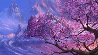 magnolia, strom, barvy, hory, sky