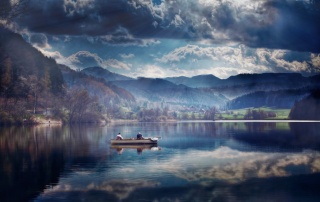 природа, осень, рыбалка, горы, лес, озеро, красиво, небо, облака, отражение