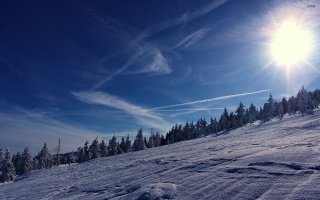 зима, гора, сніг, дерева, дорога, сонце, небо, синій