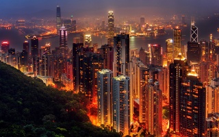 hong kong, město, večer, Čína, hory, záliv