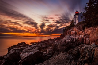 USA, Maine, lighthouse, coast, the ocean, sunset, trees, stones, beauty