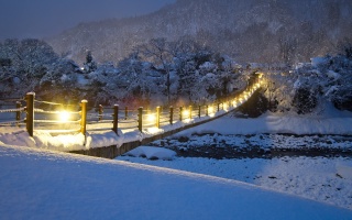 nature, mountains, winter, snow, mountain river, beautiful, the bridge, evening