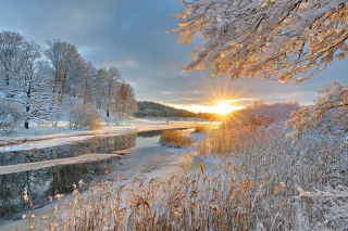 winter, river, sunrise, the sun, snow