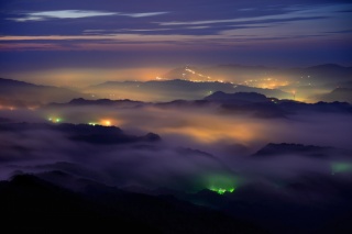 the city, evening, mountains, fog, beautiful, the sky, sunset