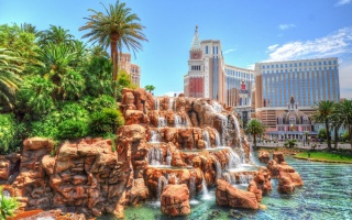 Las Vegas, the city, USA, waterfall, The hotel, Casino, palm trees, tourists