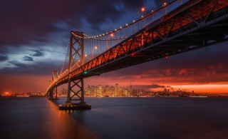 San Francisco, město, most, večer, západ slunce, krásně