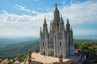 Spain, Barcelona, the sky, trees, hill, the Church, architecture