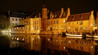 Belgie, Bruggy, řeka, noc, světla, budovy, krása
