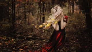 girl, forest, leaves