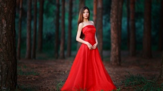 autumn forest, slender girl, in a red dress