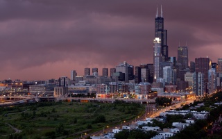the city, Chicago, building, home, road, light, the sky, storm, clouds