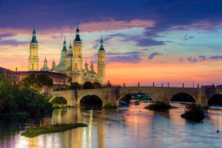 Španělsko, most, řeka, svítání, západ slunce, Zaragoza, město, foto